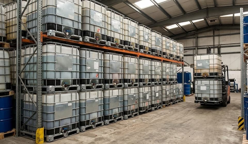 Warehouse with IBC totes organized on racking shelves with forklift