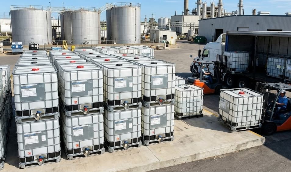 Outdoor yard with IBC totes being loaded by forklift onto truck