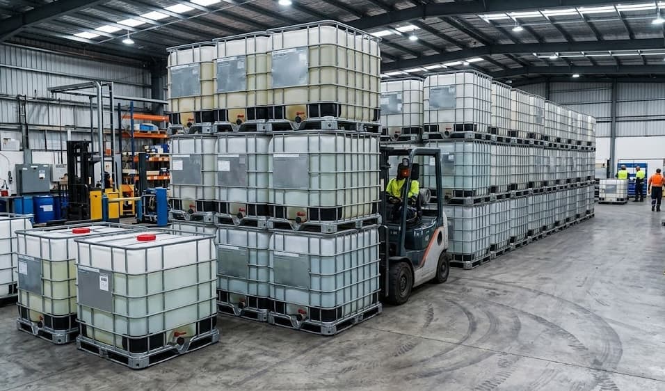 Indoor warehouse with forklift moving IBC totes