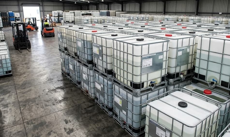 Large warehouse with many IBC totes and two forklifts in operation