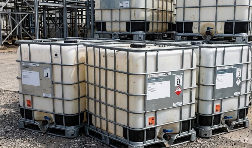 Close-up of IBC totes with 1000L capacity markings