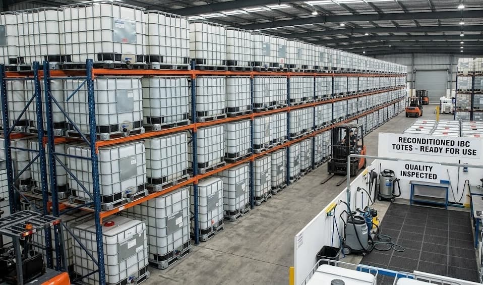 Reconditioned IBC totes ready for use in our warehouse